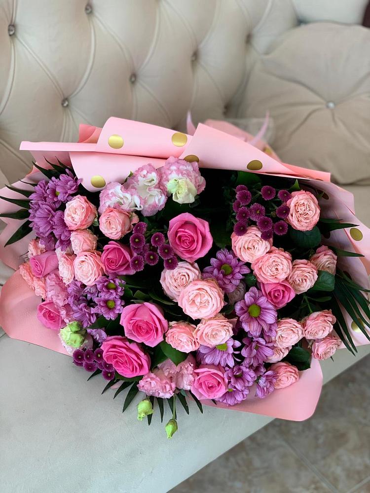 Букет цветов из: Хризантемы, Розы и Лизиантусы в Сармаково