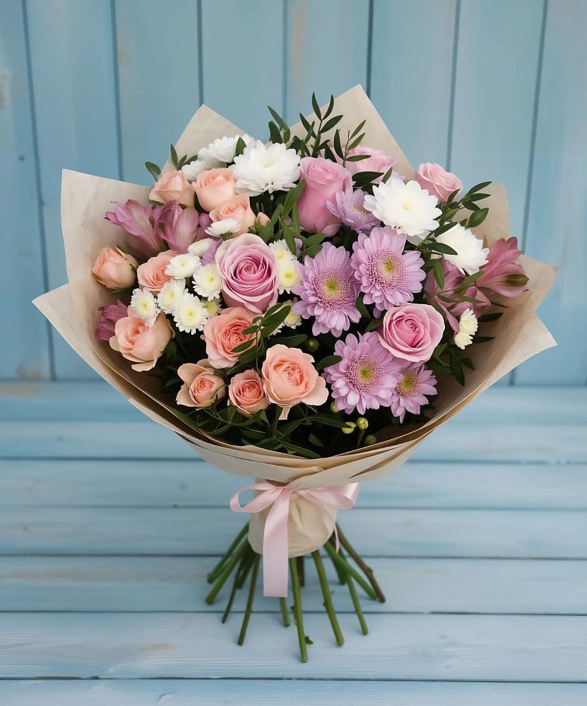 Букет цветов из: Хризантемы, Розы и Альстромерии в Сармаково