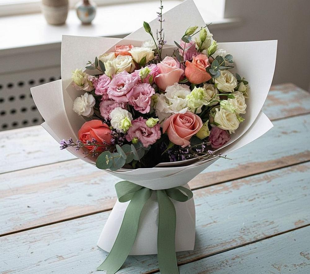 Букет цветов из: Розы, Лизиантусы и Гвоздики в Сармаково