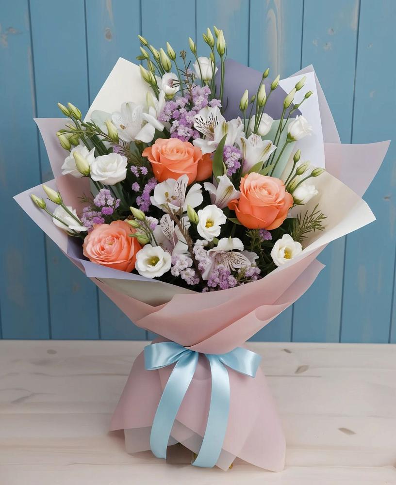 Букет цветов из: Лизиантусы, Розы, Альстромерии и Гипсофила в Сармаково