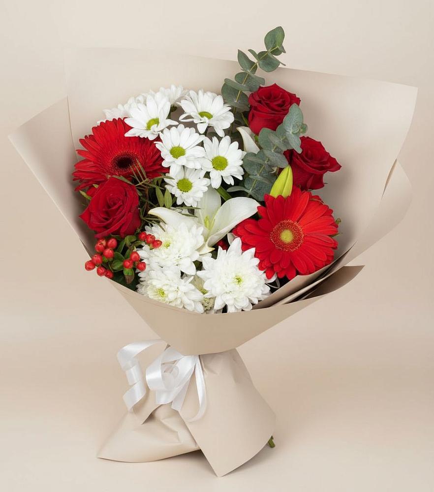 Букет цветов из: Розы, Хризантемы, Герберы и Лилии в Сармаково