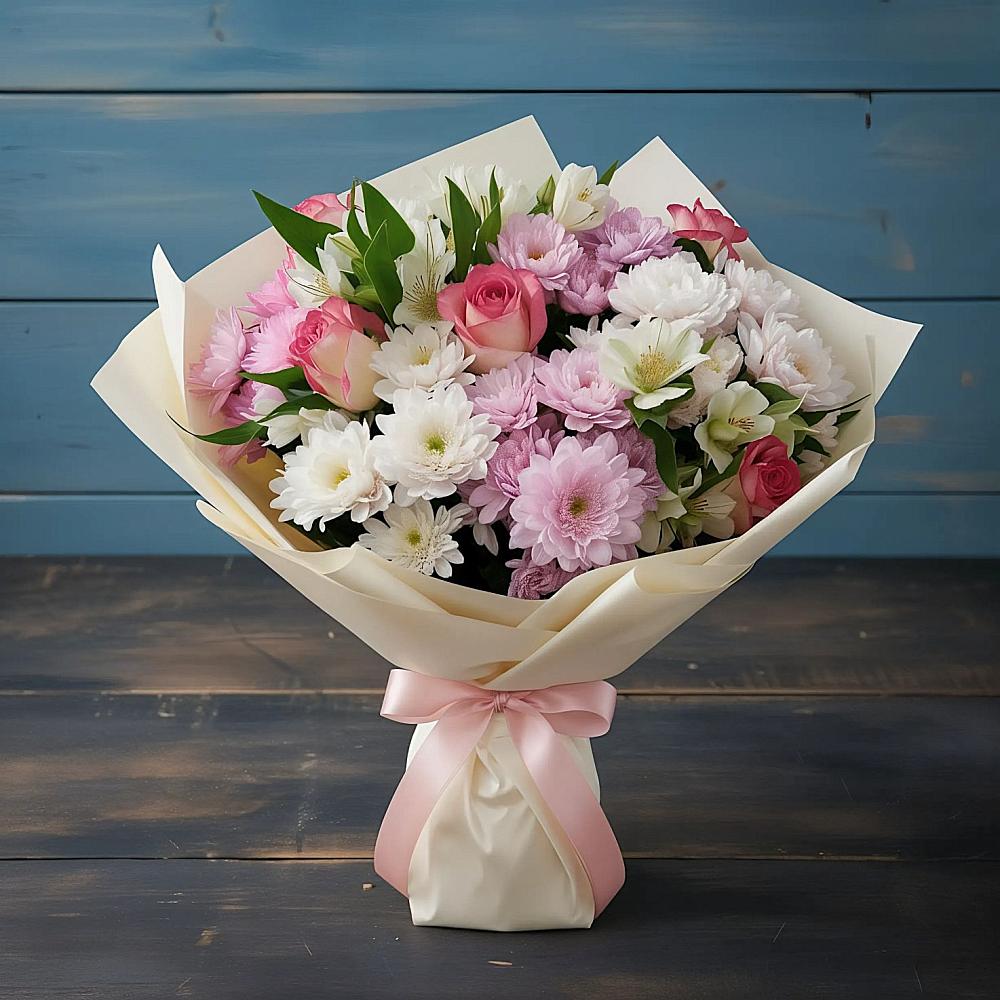 Букет цветов из: Хризантемы, Альстромерии и Розы в Сармаково